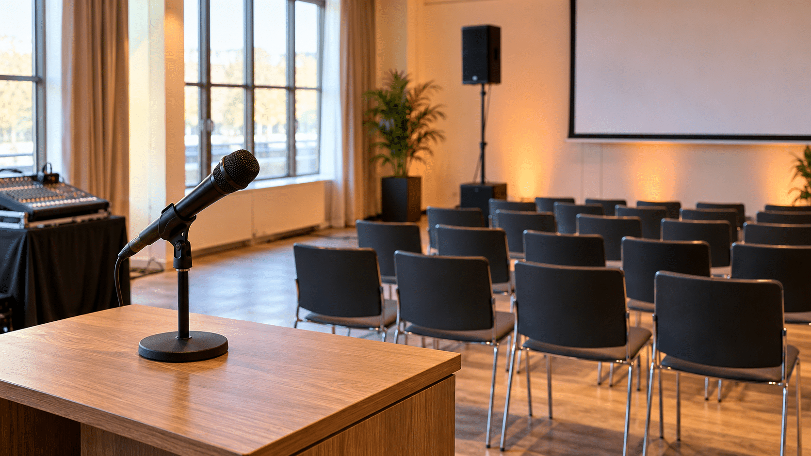 Microfoon bij een spreekplek met stoelen en geluidsapparatuur voor een bedrijfspresentatie.