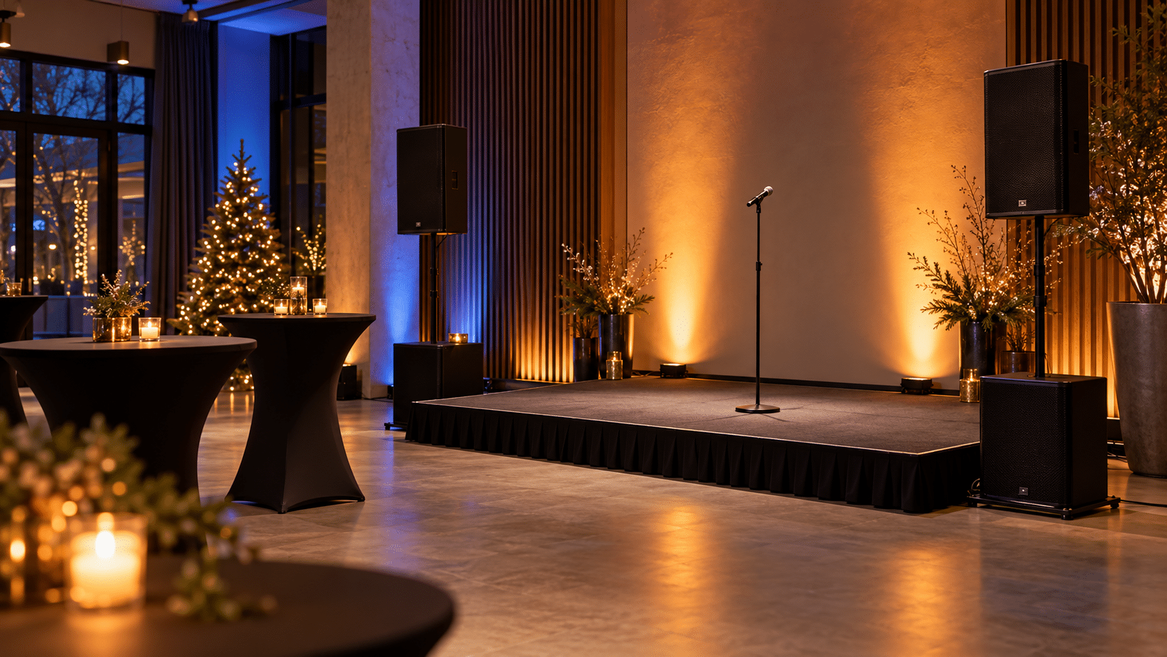Feestzaal voor een kerstborrel met warme verlichting, luidsprekers en een microfoon op een klein podium.